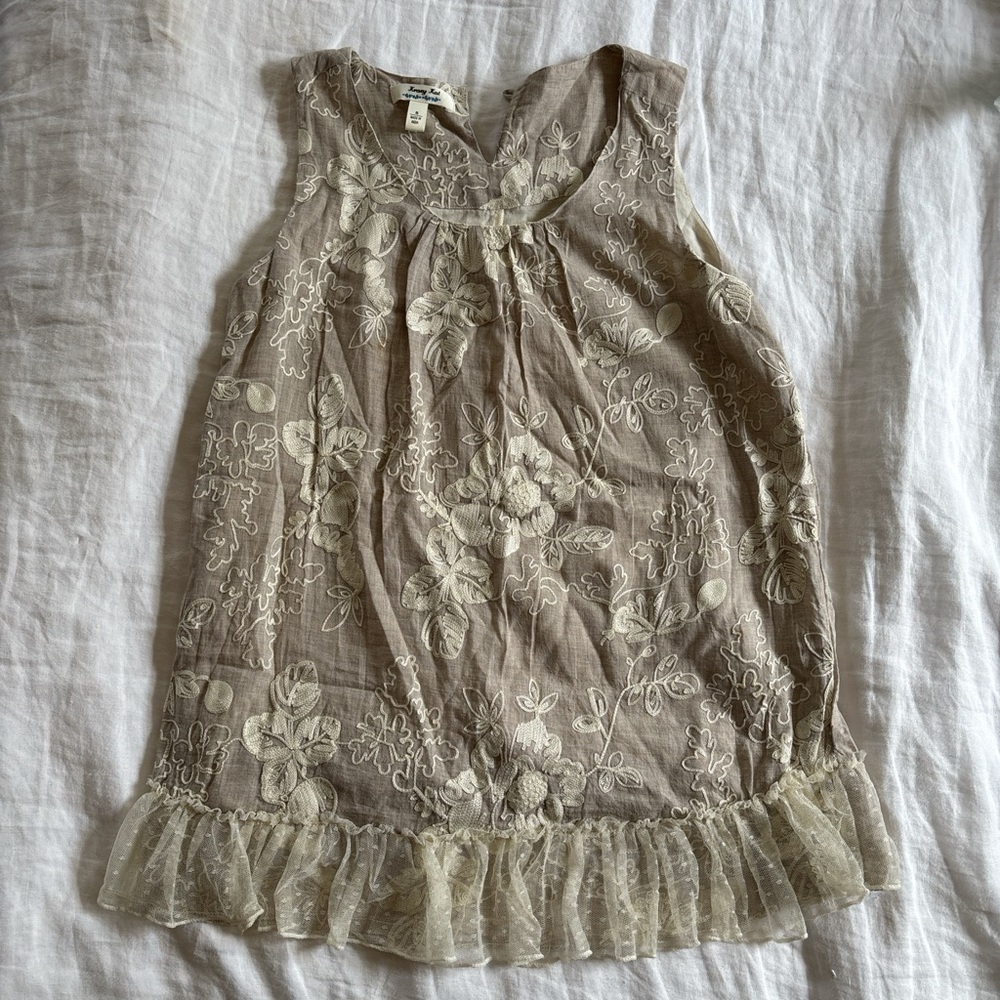 Krazy Kat Tan Embroidered Sleeveless Boho Top Mesh Lace Hem Size Small